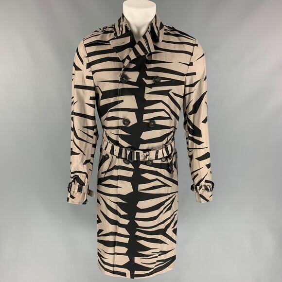 BURBERRY PRORSUM Size16 Size 38 Grey & Black Print Silk / Wool Belted Trenchcoat - Picture 1 of 8
